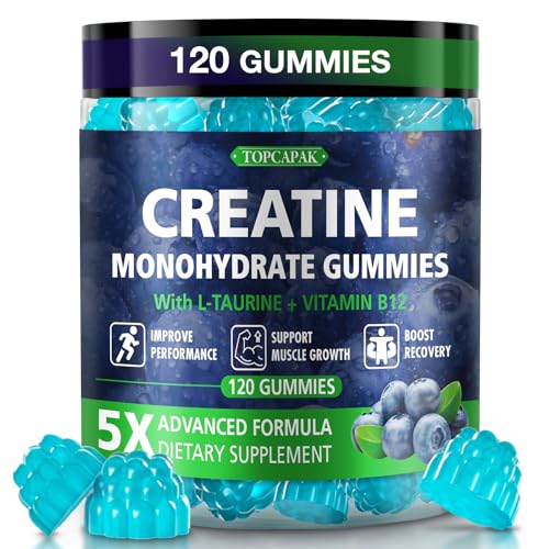 Image of Creatine Gummies for Men & Women - Chewable Creatine Monohydrate Gummies with Taurine & Vitamin B12, 5g Creatine per Serving, Blueberry Flavor, Raspberry-Shaped - 120 Count