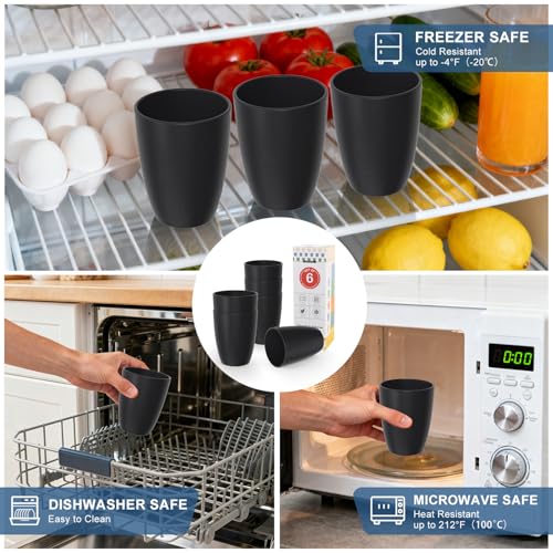 Image of Plastic Black Drinking Cups Set of 6, 12 OZ Reusable Cups for Kids | Unbreakable and Stackable Wheat Straw Cups for Family Drinks, Kitchen, Picnic, Camping