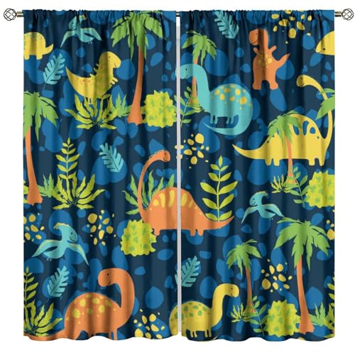 PHTAYOT Dinosaur Curtains, Cute Cartoon Dino Navy Blue Safari Animal Pattern for Kids Boys Girls Room Decor, Print Drapes for Living Room Bedroom Kitchen 2 Panel Set 20.5