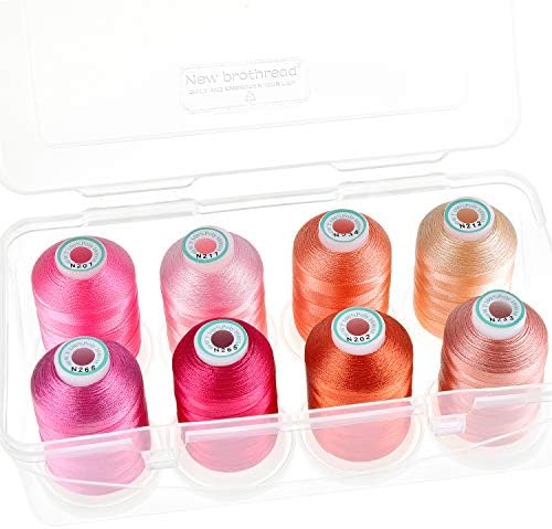 New brothread - 20 Options - 8 Snap Spools of 1000m Each Polyester Embroidery Machine Thread with Clear Plastic Storage Box for Embroidery & Quilting - Pink/Rose/Flesh