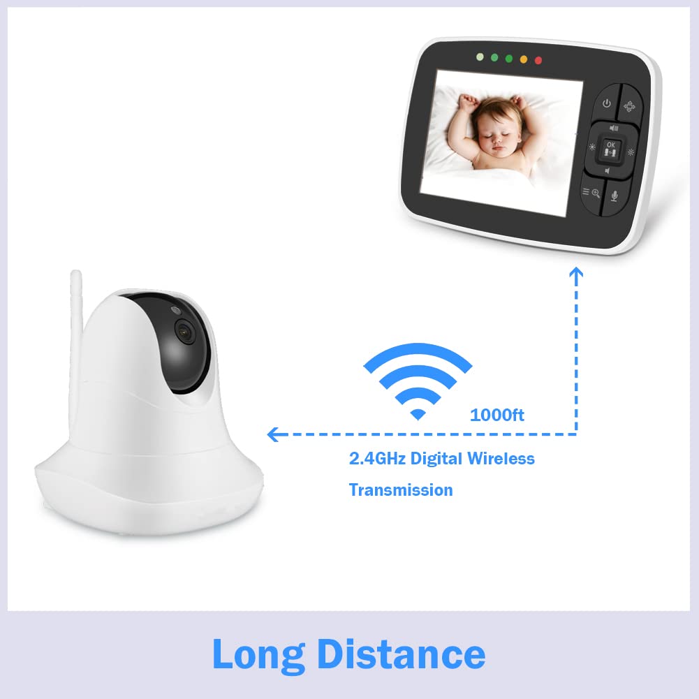 BW Baby Monitor Smart Baby Monitor da 3,5 pollici con telecomando Pan& Tilt & Zoom Camera, Audio bidirezionale, visione notturna, modalità VOX, monitoraggio della temperatura, ninne nanne, lungo