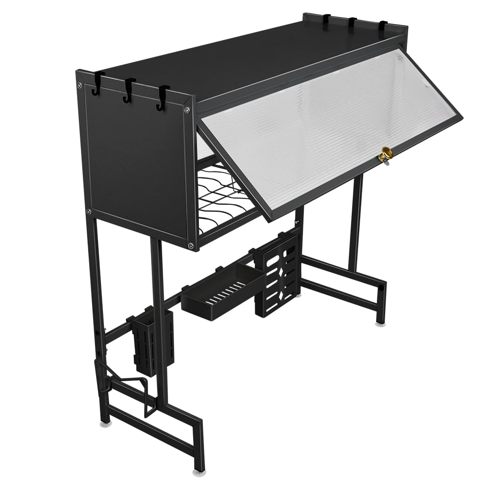 Escurreplatos sobre Fregadero de 2 Niveles, Escurridor de Platos de Acero al Carbono, Dish Drying Rack con Porta Cubiertos, Bandeja de Drenaje Automático y Diseño Ahorra Espacio(65cm Negro)