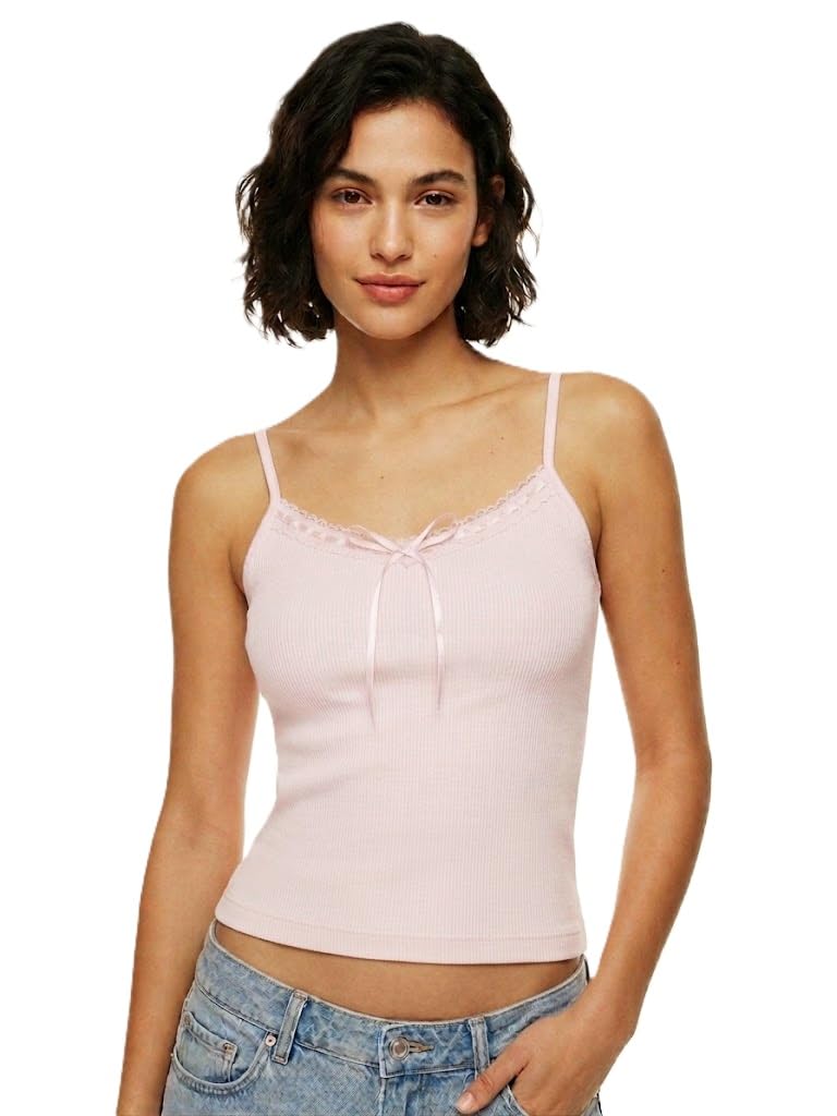 alexvyan Small Pink Lightly Padded Soft Sleeveless Lace Bow Ribbed Summer Tank Top Womens Slips Underwear Tops Undershirt for Women Cami Top Vest V Neck- Soft Spaghetti Strap Camisole-picture-13