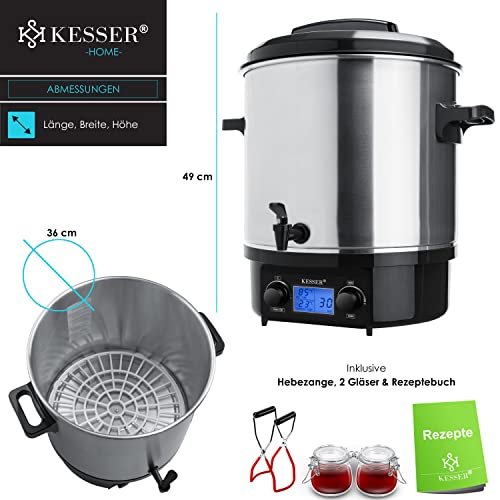 Foto von KESSER Einkochautomat 27L Glühweinkocher Glühweinkessel Edelstahl Timer | 2000W Temperatur 30-100°C | Zeituhr bis 120 Minuten und Dauerbetrieb | Abschaltautomatik Einkochvollautomat 2 Gläser & Zange
