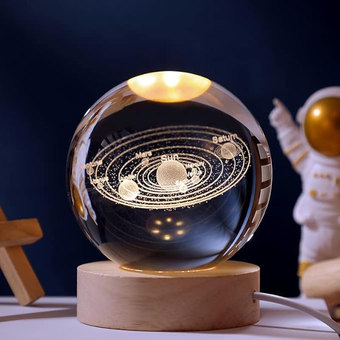 Generic 3D Galaxy Crystal Ball LED Saturn Night Light with Wooden Base, Moon Planets Ball Lamp for Decoration, Astronomy Space Present for Kids