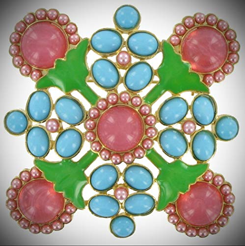 Large Multicolor Pink Blue Green Faux Pearl Flower Floral Pin Brooch 2 3/4
