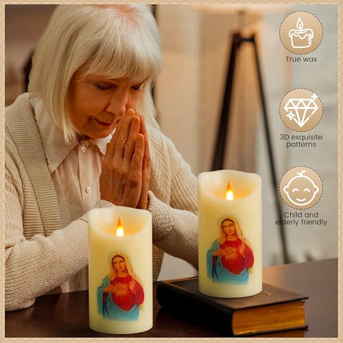 Image of QQFCTOO LED Prayer Flameless Candle with Remote Timer, Battery Powered Candle, Religious Candle, Real Wax, for Home Altar, Church, Devotional,6 inch x 3.2 inch(Virgin Mary)