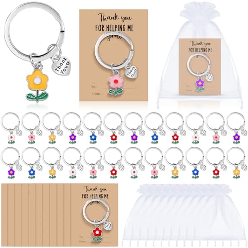 Sureio 24 Sets Teacher Appreciation Keychain Gifts Thank You for Helping Me Grow Teacher Day Gifts Include 24 Flower Keychains 24 Appreciation Cards 24 Organza Bags for Present Multicolor Organza