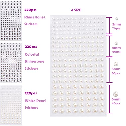 Image of NOOEPC 660Pcs Resin Face Gems Hair Gems, 3 /4 /5 /6 mm DIY Self-Adhesive Rhinestones, Pearl /Clear Rhinestone /Ab Rhinestone for Makeup, Crafts