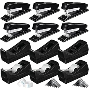 Thenshop Desk Staplers Tape Dispensers Sets Black Staplers for Desk Office Stapler with Standard Staples Black Tape Holder Desktop Tape Dispenser with White Tape for Office School(12 Pcs)