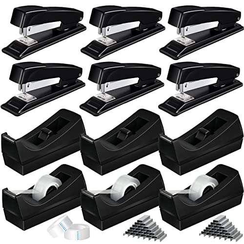 Thenshop 12 Pcs Desk Staplers Tape Dispensers Sets Black Staplers for Desktop Office with Standard Staples Black Holder with White Tape for Office School by Thenshop - Used condition - US$23.84