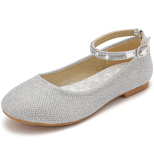 Parrosoo Flower Girl Dress Shoes Toddler Girls Flats Mary Jane Shoes Princess School Sparkly Glitter Kids Gold Little Girls Dress Shoes Ballet Birthday Party Wedding (8302Silver 11) #TOP6