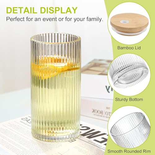 Image of Ribbed Glass Tumbler with Bamboo Lid & Glass Straw - 400ml, Set of 1, Premium Clear Drinking Glass Cup for Water, Juice, Iced Coffee, Smoothies & Cold Beverages, Leak-Resistant Glass Cup