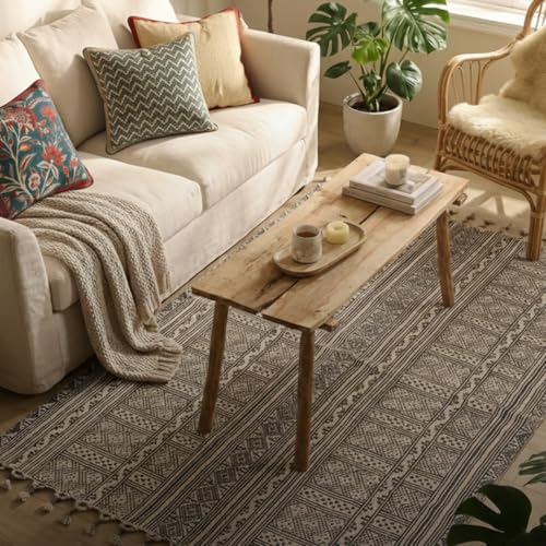 Image of Peepul Tree Jaipuri Handprinted Cotton Rugs 4X6 ft | Modern Durries for Living Room | Cotton Carpets /Floor Rug for Bedroom| (Black and White, Home Decor Gift Items