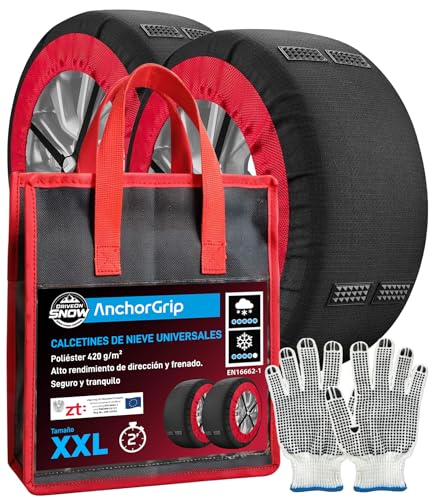 Eurocali Cadenas de Nieve Textiles Coche Homologadas EN 16662-1 Talla XXL - DriveonSnow AnchorGrip con Tacos para Tracción Estabilidad y Antideslizamiento Montaje Rápido - Nieve y Hielo hasta 40 km/h
