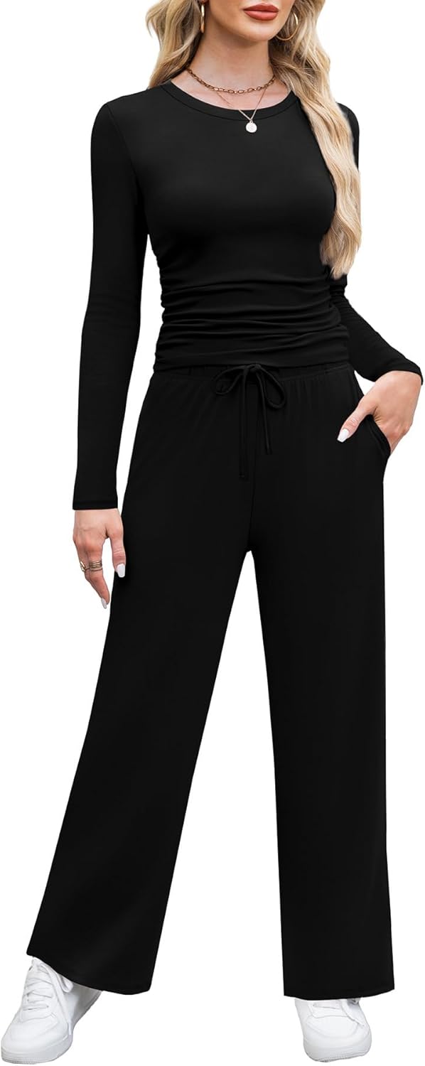 WIHOLL Lounge Sets for Women 2 Piece Vacation Outfits Long Sleeve Tops with Side Ruched Wide Leg Pants Matching Sets - Image 3