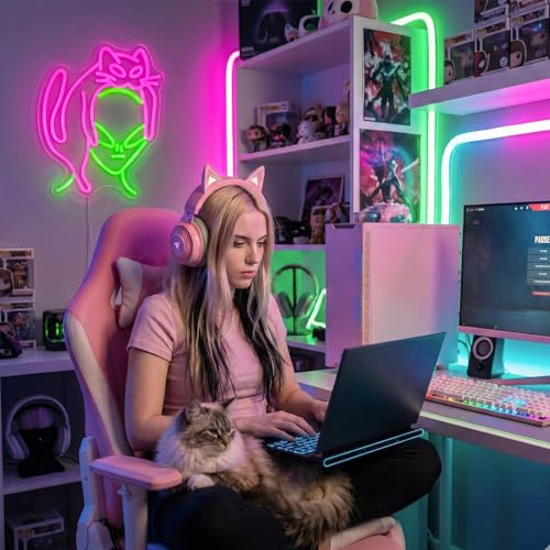 Image of Alien Cat Neon Sign,Dimmable LED Neon Signs for Wall Decor,USB Powered Alien Neon Light for Bedroom, Game Room, Bar,Aesthetic Alien Cat Lover Decor