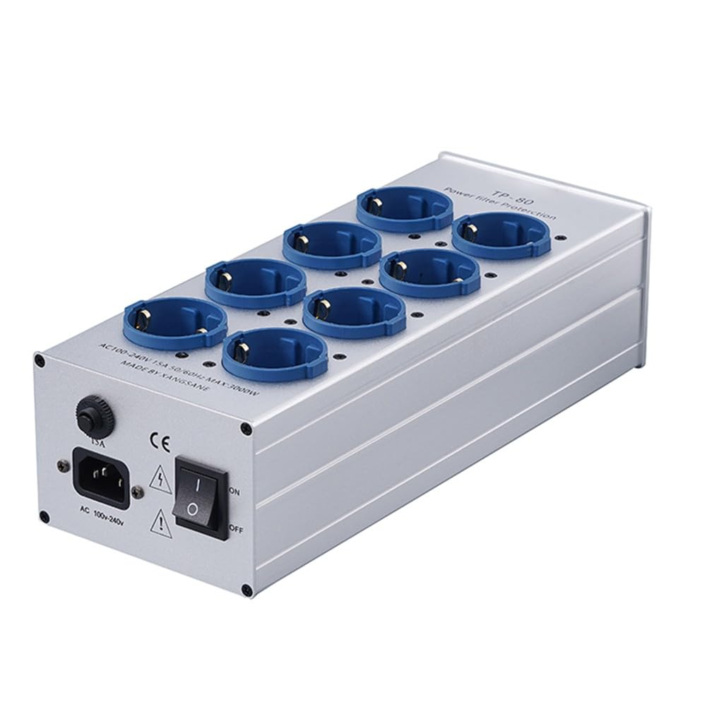 TP80 Plus Netzfilter EU-Standard 6-Fach Steckerdose 3000W 15A EMI-Rauschunterdrückung für Hi-Fi Audio Video System Aluminium Gehäuse Schwarz