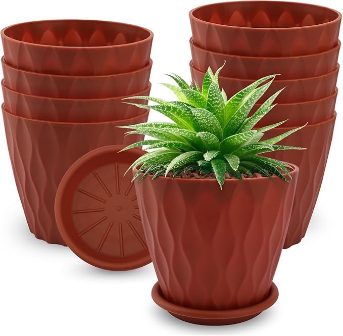 StyleX Store Plastic 6.2 inch Plant Pots with Drainage Holes and Tray Saucers | Flower Pots for Home Planters, Terrace, Balcony Dcor, Home Indoor and Outdoor Gardening Plants, Pack of 5 (Crimson)
