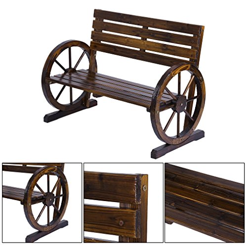 Homgrace Patio Garden Wooden Wagon Wheel Bench, Rustic Wood Design Outdoor Wagon Wheel Bench Outdoor Furniture Decor (Tan Color)