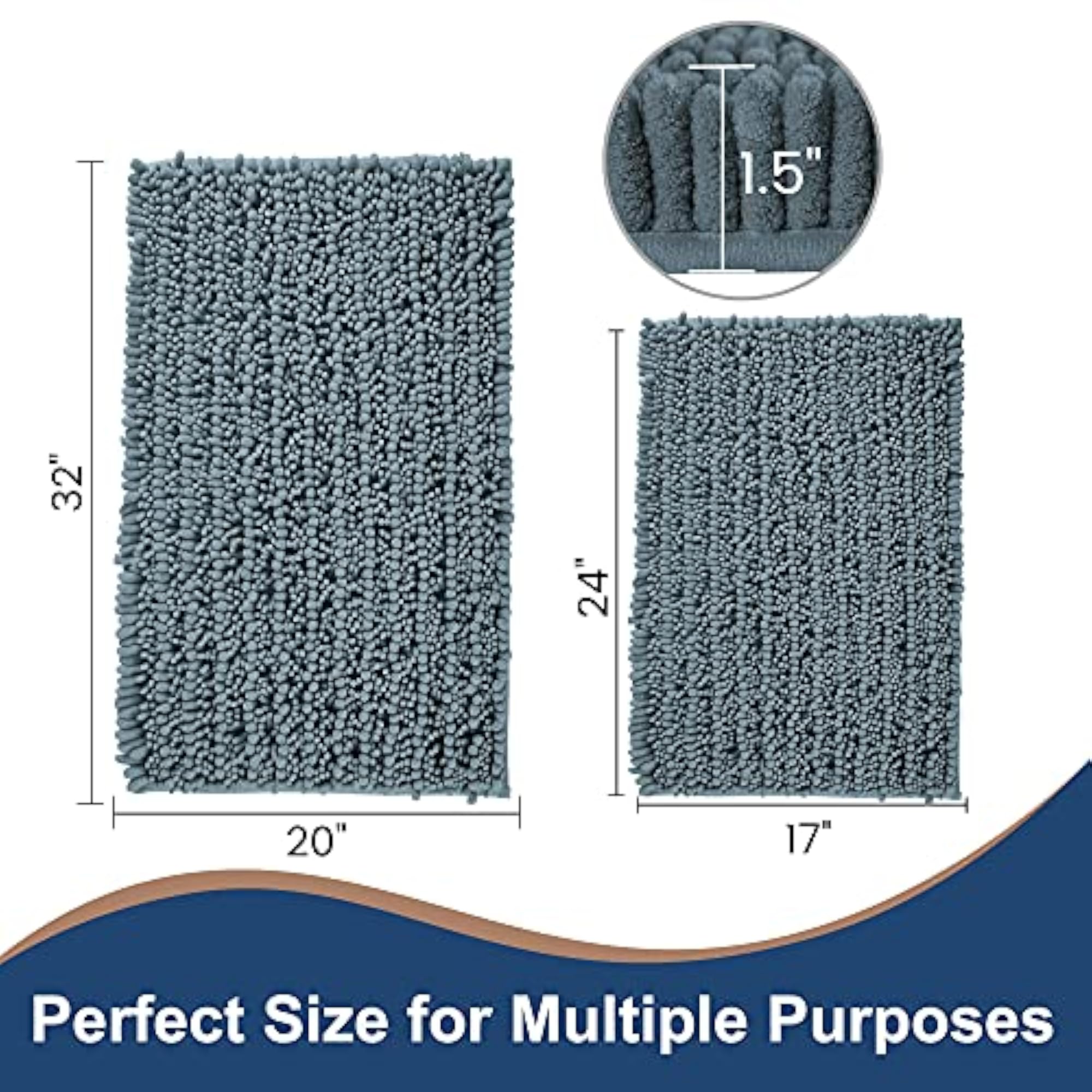 Luxury Chenille Dusty Blue Bathroom Rugs Sets, 2 Piece