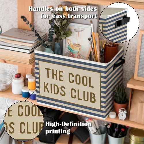 Image of Blue Striped Kids Storage Bins Box with Handles, the Cool Kids Club Collapsible Basket Organizer for Classroom Boys Girls Room Bedroom Nursery Playroom Books Clothes