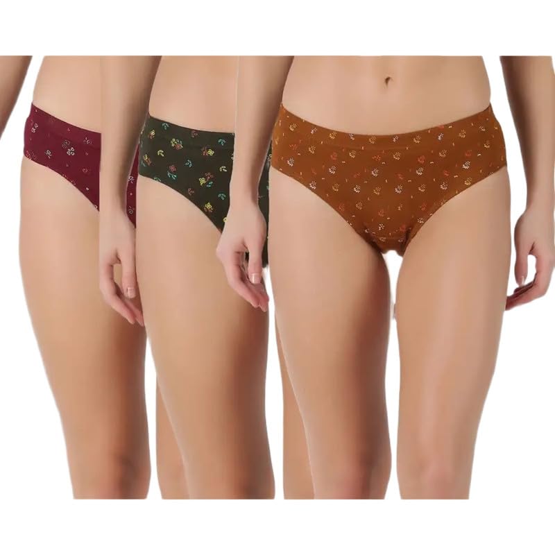 Image of INNERO Floral Print Panty for Women, 100% Pure Cotton, Inner Elastic, Soft & Breathable, Pack of 3 (Colors May Vary)