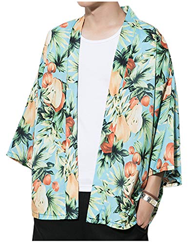 LifeHe Men's Japanese Floral Printed 3/4 Sleeve Kimono Cardigan Hawaii Shirts Jackets XXL (Green, L)