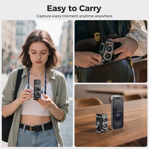 Image of Vintage Mini Digital Camera with Date & Time Setting - Portable Retro TLR Style, 1080P FHD Video 12MP Photos Autofocus Compact CHUZHAO Camera with 16GB Card for Beginners Teens Adults, Black