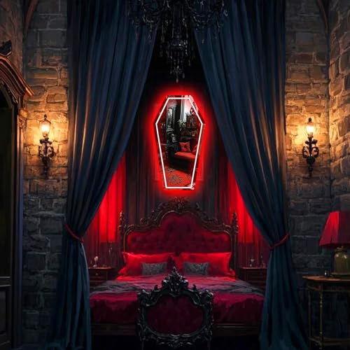 Image of Coffin Neon Mirror, Neon Signs for Wall Decor, Gothic Mirror Gift for Goth Lovers, Whimsical Goth Home Decor, Witch Bedroom Decor 23″x13″