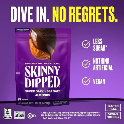 Image of SkinnyDipped Super Dark Chocolate + Sea Salt Almonds, Vegan, Healthy Snack, Plant Protein, Gluten Free, 3.5 oz Resealable Bags, Pack of 5