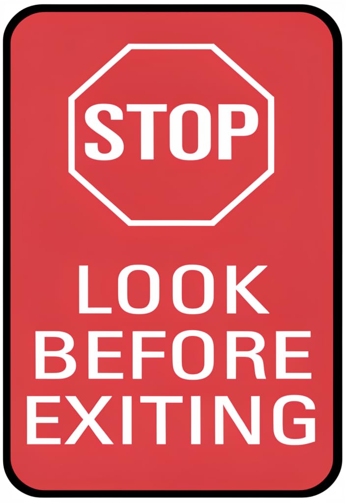 peiyeety Stop Look Before Exiting Tin Sign 12x8 Inch, Red & White Octagon Safety Warning Metal Wall Decor Plaque, Rounded Corners with Bold Lettering for Garage Driveway Shop Home Gift