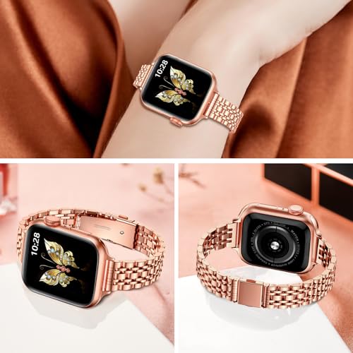 Image of MioHHR Slim Metal Band Compatible with Apple Watch Bands 42 /41 /40 /38mm | Thin Luxury Stainless Steel iWatch Bands Series 11 /10 /9 /8 /7 /6 /5 /4 /3 /2 /1 /SE3 /SE2 /SE for Women,Rose Gold