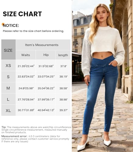 Keolorn Women V Crossover Skinny Jeans High Waist Tummy Control Casual Fitness Leggings, Supple Elasticity Casual Faux Denim Print with Side Pockets(MediumBlueL)