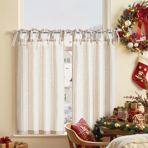 TOPICK Juego de 2 cortinas cortas de 90 x 65 cm (alto x ancho cm), aspecto de lino, a rayas, con lazos, cortinas opacas para armario de cocina, comedor, baño, ventana pequeña, marrón sobre beige