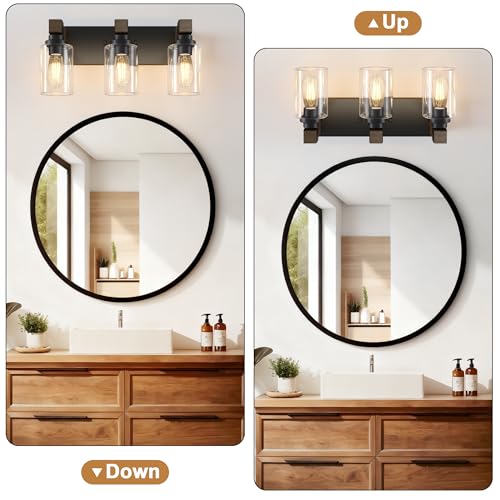 Image of Farmhouse Bathroom Vanity Light Fixtures, Rustic 3-Light Wood Vanity Lights for Bathroom, Vintage Black Wall Sconces Lighting, Light fixtures Over Mirror, with Glass Shade