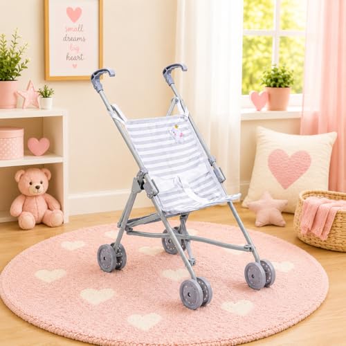 Image of JC Toys Boutique | Folding Umbrella Doll Stroller for Children 2 Years Plus, Grey Stripes and Soft Embroidery | Sturdy Metal Frame | Pretend Play with Dolls up to 18 inch Long | Seat Belt