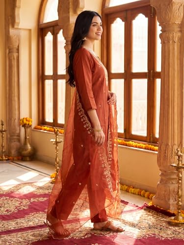 Image of INDO ERA Women's Silk Blend Embroidered Thread Work Kurta & Pant with Dupatta Set | Suit Set For Women
