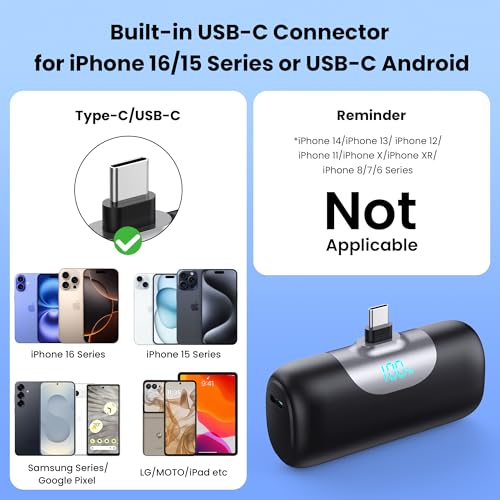 Image of Mini Portable Charger 5500mAh Power Bank, 15w PD USB C Cell Phone Portable Power, LCD Display Battery Pack Compatible with Android Phone /Samsung Galaxy S22,S21 /Note /Moto /LG /Pixel /Nexus /OnePlus 9 etc