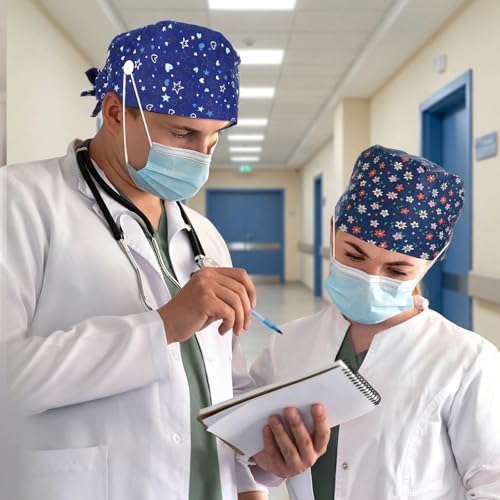 HJZHII 2er-Pack OP Hauben für Damen und Herren, verstellbare Arbeitshauben mit Knöpfen, elastische Bindebänder, Schweißband für Damen und Herren