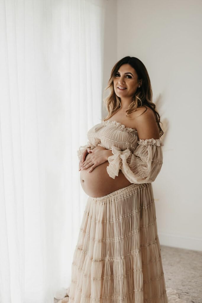 2 Piece Maternity Dresses for Photoshoot Boho Long Sleeves Laces Off Shoulder Photography Pregnancy Dress Ivory L