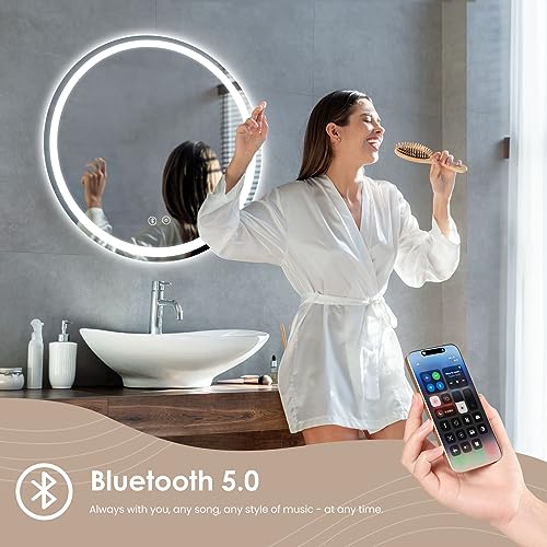 Dripex 600 mm Bluetooth Round LED Bathroom Mirror, Illuminated Circle Bathroom LED Mirror with Speaker, Anti-fog, Wall Mounted, 3 Lighting Modes, Dimmable, Front+Backlit, IP44 - Image 2