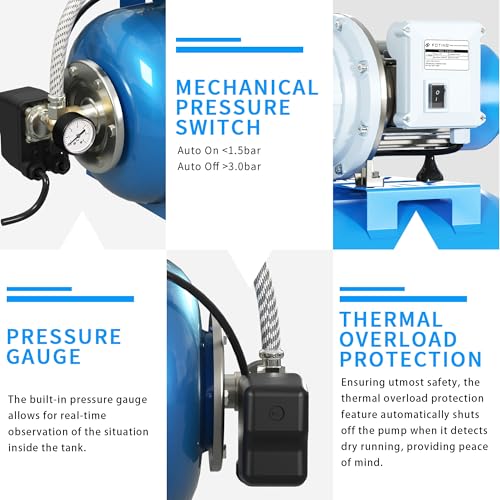 FOTING Shallow Well Pump, Jet Pumps Garden Pump, Water Transfer Draining Irrigation Pumps, Water Booster Jet Pump Stainless Steel for Home Garden Lawn Farm, 1.5HP w/Pressure Tank