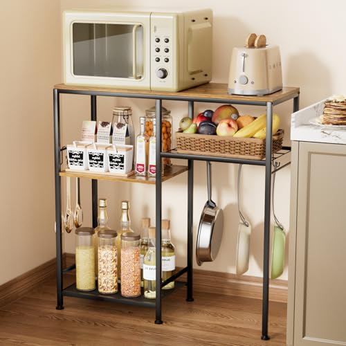 Consumest Microwave Stand, Adjustable Coffee Bar Cabinet, Multifunctional Pan Organizer with 6 Hooks and 3 Shelves, Bakers Rack for Shovel, Pots, Fruits, Vegetables, Brown&Black