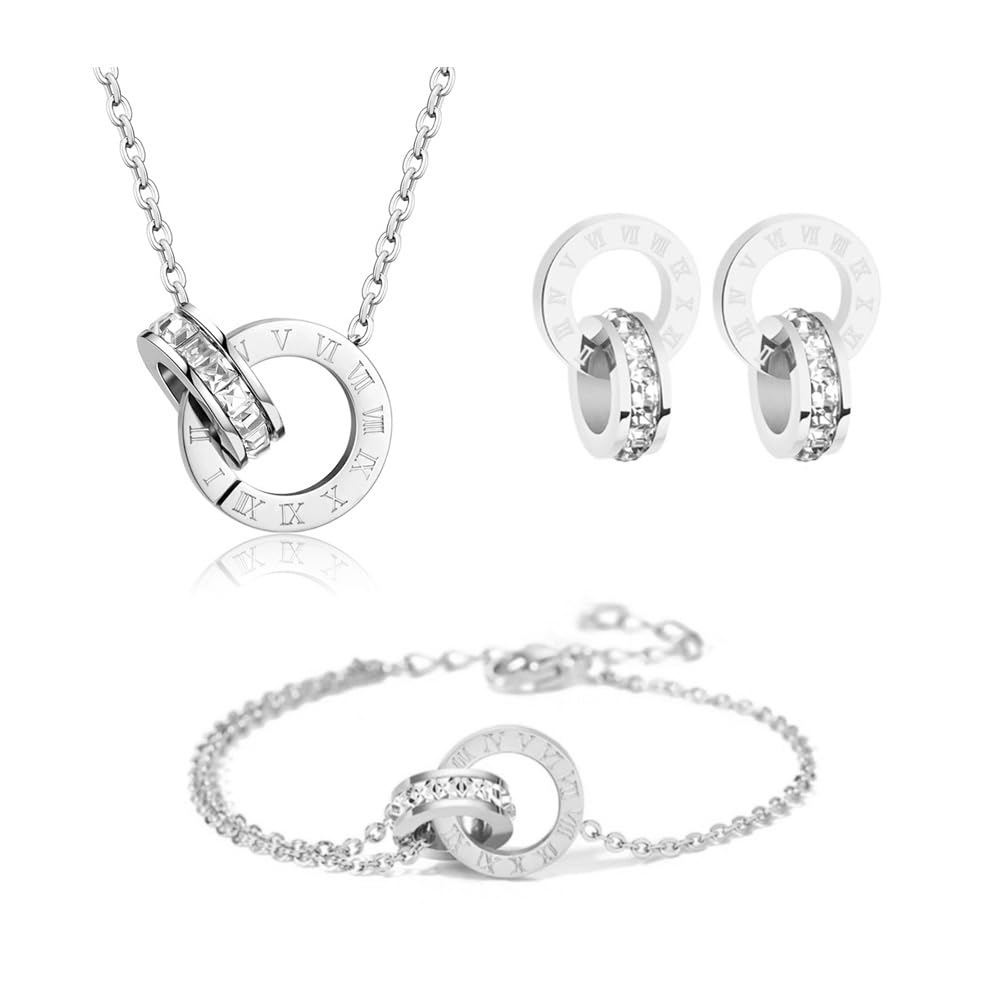 RPAEOY Conjuntos de Joyas para Mujer y Niñas Números Romanos Circón Acero Inoxidable Chapado en Oro 18K Plata Colgante Collar Pendientes Pulsera Fiesta Boda Nupcial Dama de Honor