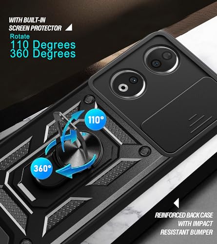 Image of Casodon Heavy Duty Back Case Cover for Honor X7B 5G, Shockproof Honor X7B Back Cover, Ring Case with Kickstand and Camera Protection Shutter - Black