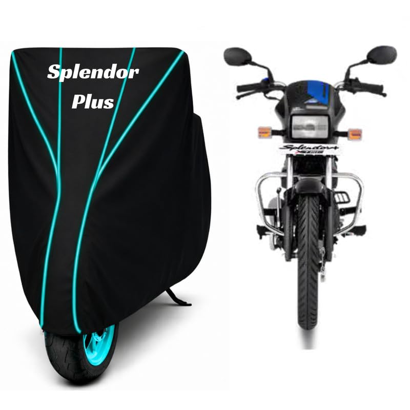 Image of Premium Bike Cover for Hero Splendor Plus, Water Resistant, Dustproof, UV Protected, Scratchproof Motorcycle Cover for Outdoor Use, All Weather Protection (Black & Aqua Piping)