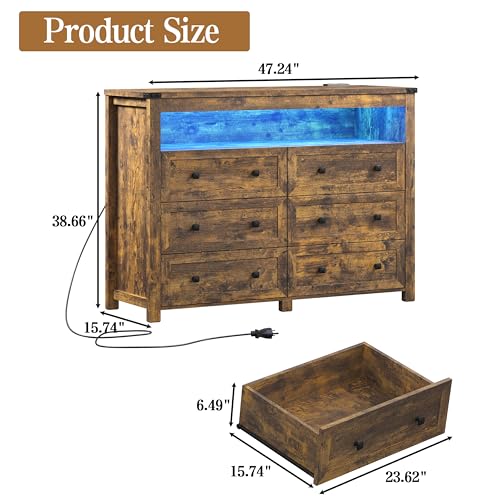 Image of Wodeer Brown Dresser 6 Drawer Dressers for Bedroom with LED Lights, Charging Station, Wood Chest of Drawers with Metal Handles, Modern TV Stand Storage Cabinet for Living Room, Hallway, Entryway