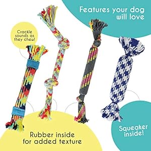 rocket & rex 4-Pack Dog Rope Toys | Small Breeds and Puppies | Puppy Rope Toy and Rope Toys for Small Dogs | Rope Toy Set with Rubber and Crackle for Added Chewing Fun | Dog Stocking Stuffer