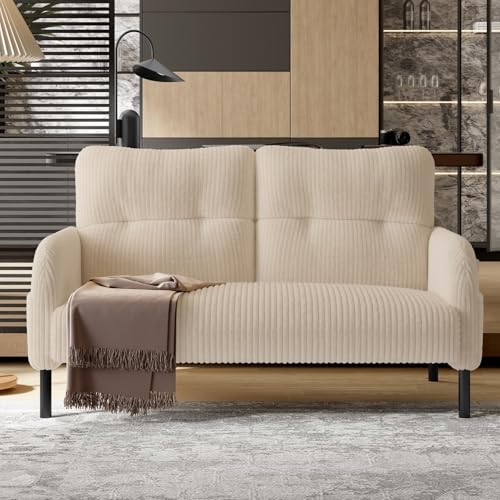 KOMHTOM Petit Canapé 2 Places en Velours Côtelé avec Dossier Haut Confortable, 4 Poches et Pieds en Métal - Canapé d'angle Moderne pour Salon, Chambre à Coucher et...